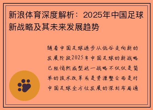 新浪体育深度解析：2025年中国足球新战略及其未来发展趋势